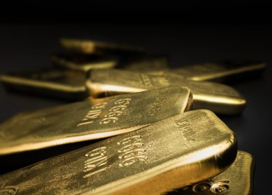 3D illustration of gold bars over black background with free space on the top,  square image. Gold commodities market concept.
