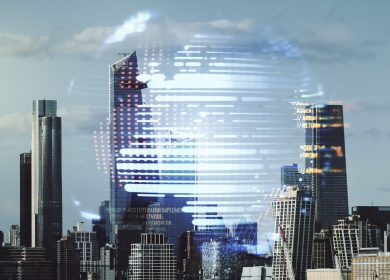 Multi exposure of abstract programming language hologram and world map on Manhattan office buildings background, artificial intelligence and neural networks concept